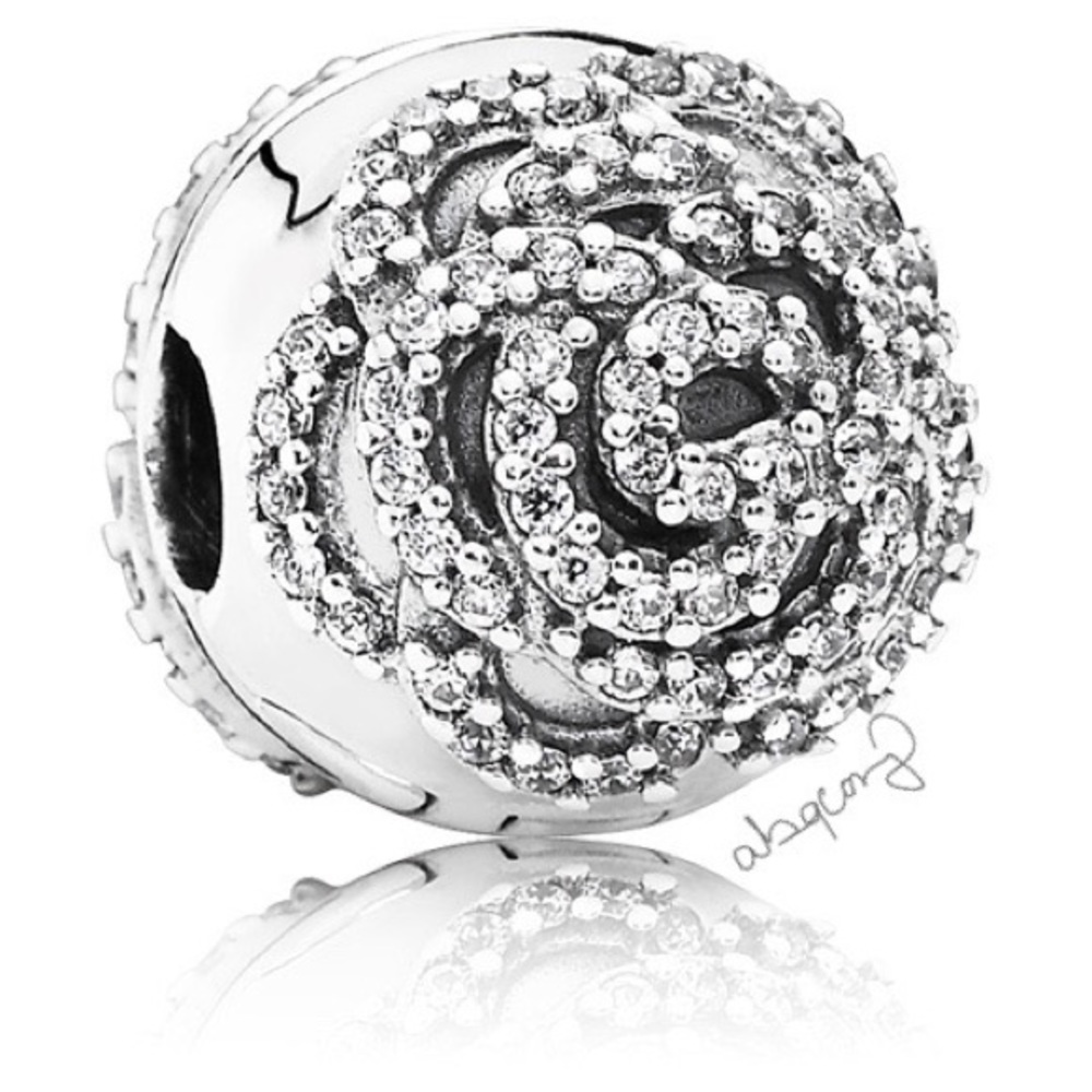 EUC Pandora 791529CZ Sterling Silver Shimmering Rose Clip w/ Clear Zirconia